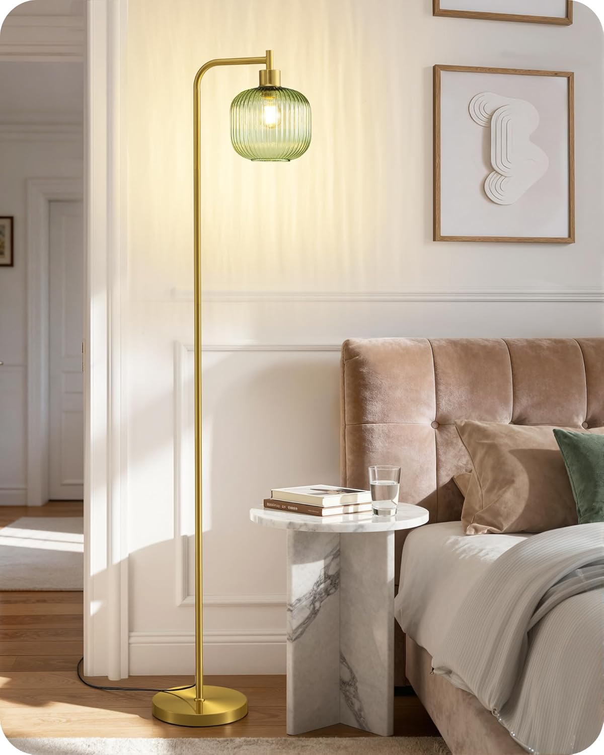 Thumbnail 5 de EDISHINE Lampadaire sur Pied Salon – Lampe Arquée avec Abat-Jour Verre Vert Menthe et Structure Dorée