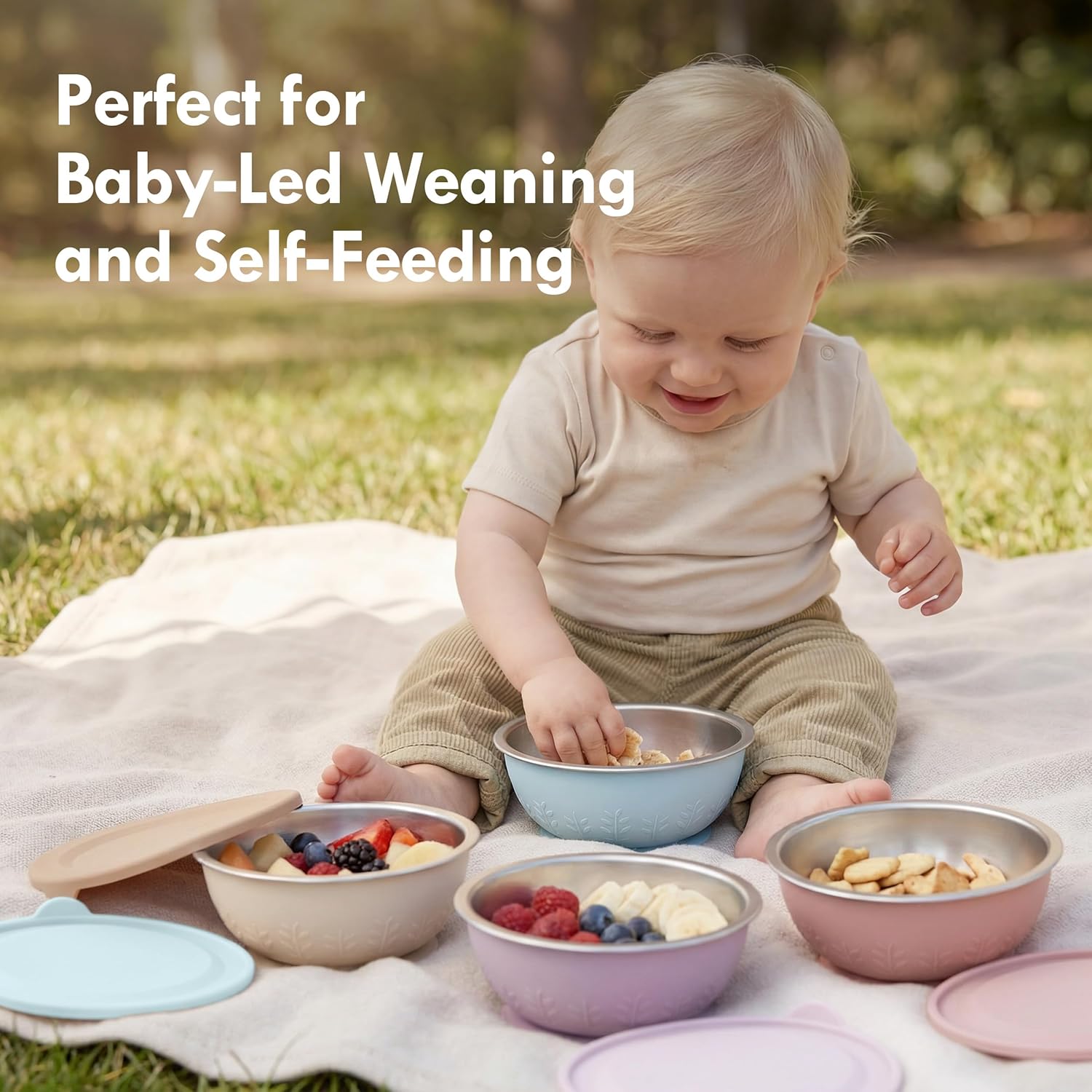 Thumbnail 4 de Moonkie Baby-Schalen aus Edelstahl mit Silikondeckeln – 2er-Set (Pastellblau/Salbeigrün), BPA-frei, spülmaschinenfest, 13 oz