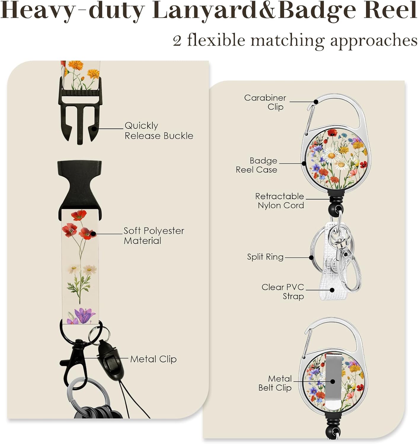 Detalle 2 de Black Cat Lanyards ID Badge Holder with Retractable Reel and Floral Design