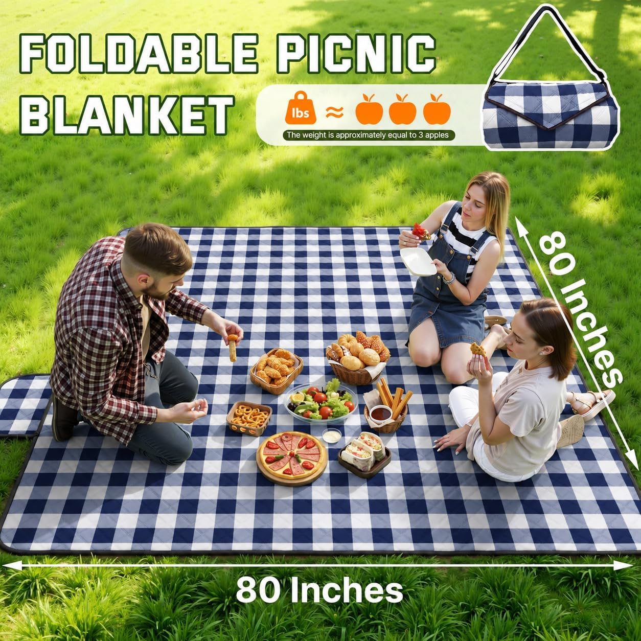 Detalle 2 de TigeJoy picnic mat 80 x 80-Inch Waterproof Picnic Blanket, Blue Plaid