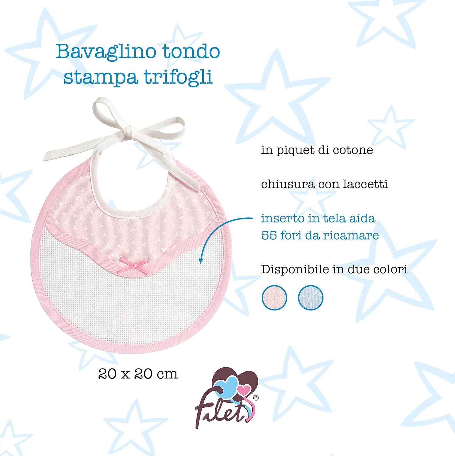 Thumbnail 1 de Filet rond babyslabbetje met Aida-inzet, roze klaverbladprint
