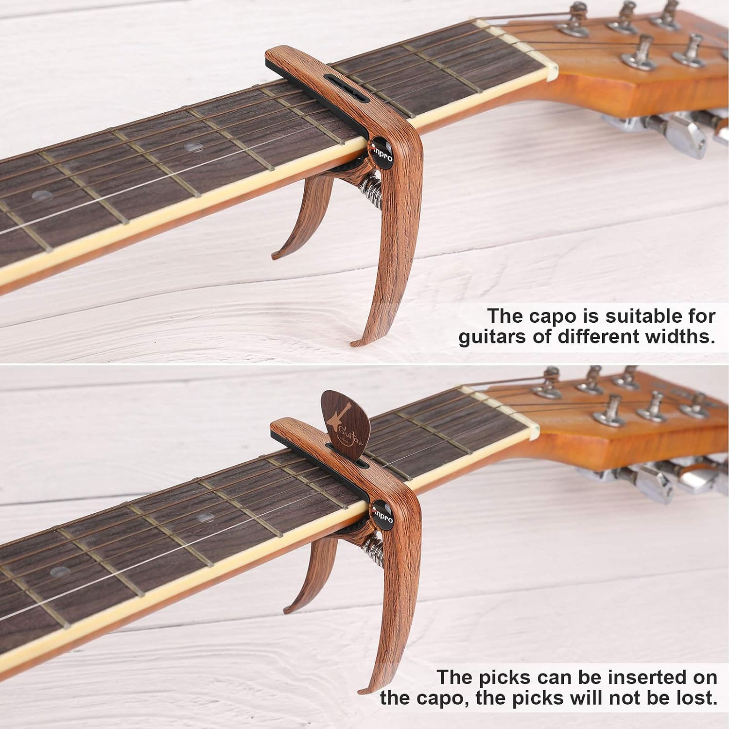 Detalle de Anpro Guitar Capo with 6 Picks in Wood Grain