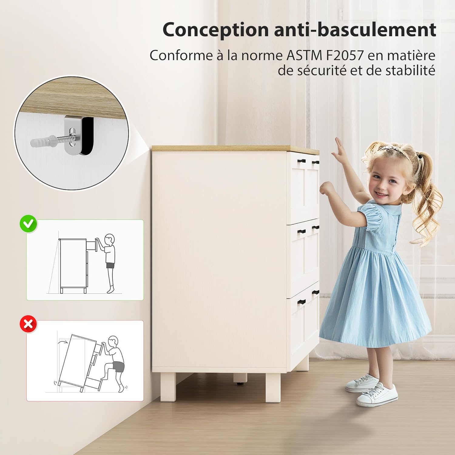 Detalle de HOMCOM Commode à 6 tiroirs en bois naturel et blanc – rangement élégant 120 x 38 x 71 cm
