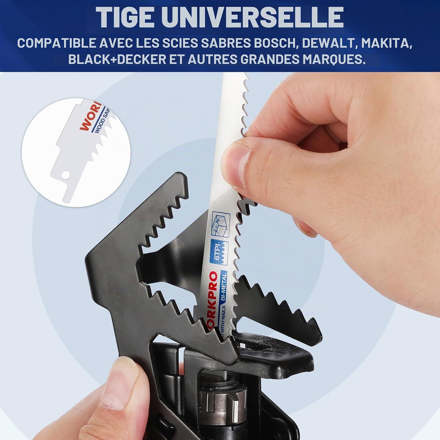 Detalle de WORKPRO set van 10 bi-metalen reciprozaagbladen met opbergdoos, 152 en 230 mm