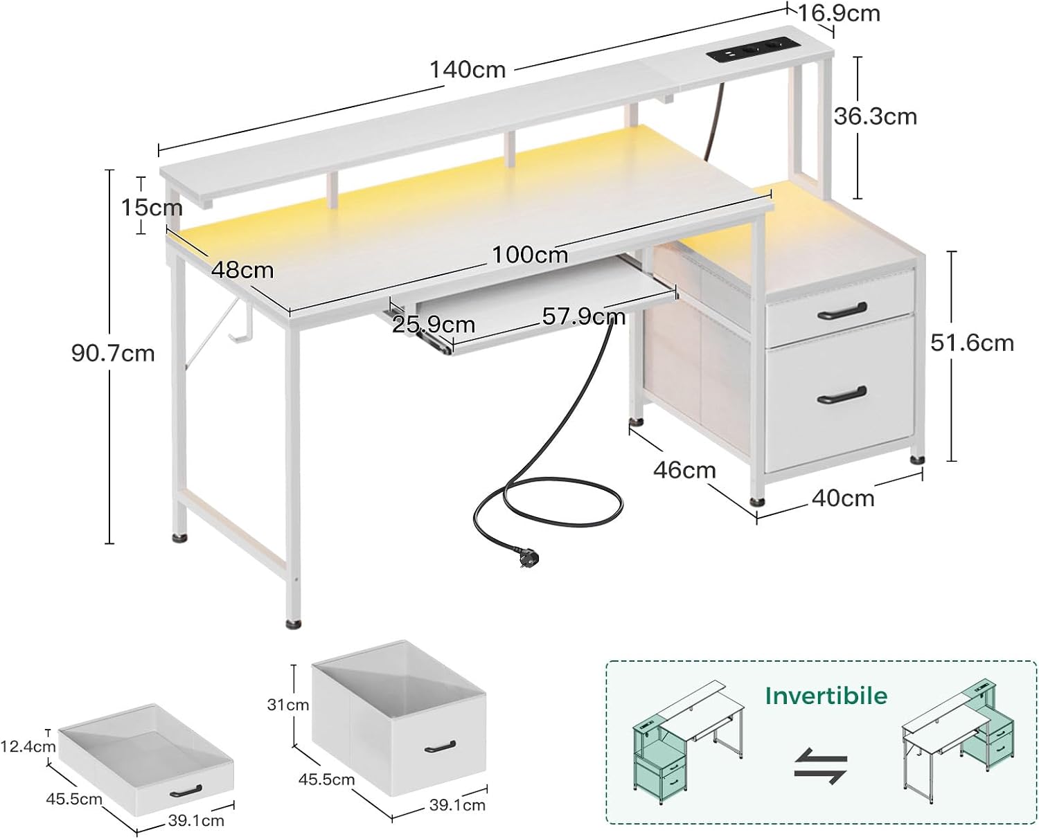 Detalle de Coleshome Scrivania Gaming con LED, prese e 2 cassetti, 140x48 cm, tavolo reversibile con supporto monitor e vassoio tastiera (bianco)