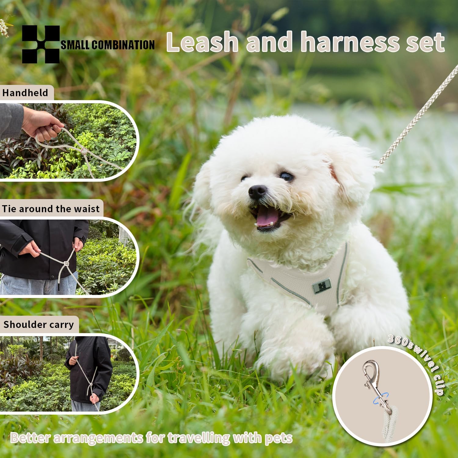 Detalle de Small Combination Dog Harness and Leash Set – Beige, Size L, for Small to Medium Dogs and Cats