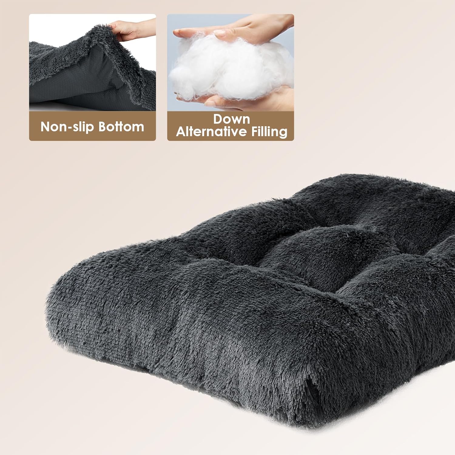 Detalle 2 de EHEYCIGA Fluffy Dog Crate Bed (Large) – Calming anti-anxiety washable crate mattress, dark grey, 90x60x9cm