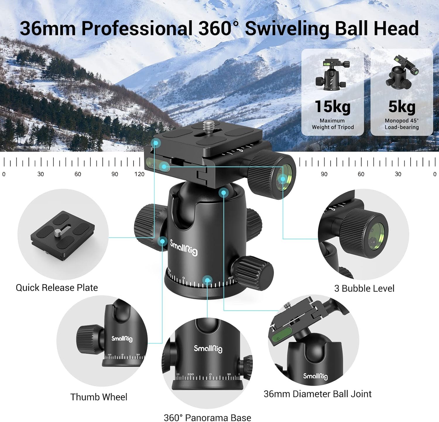 Thumbnail 1 de SMALLRIG Treppiede/Monopiede 2 in 1 in alluminio leggero 72” (182 cm) con testa a sfera 360° e piastra a sgancio rapido 3935