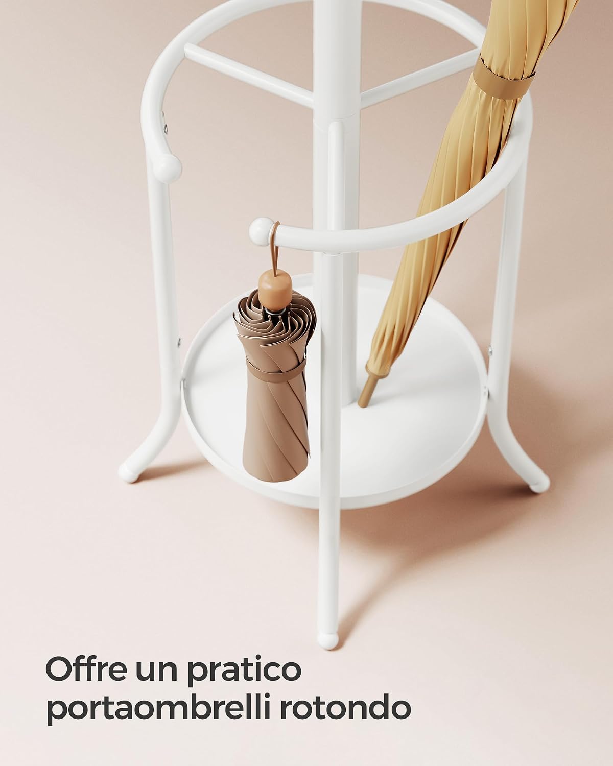 Detalle de SONGMICS Appendiabiti da terra con portaombrelli e 12 ganci RCR011W01, altezza 175 cm, bianco perla
