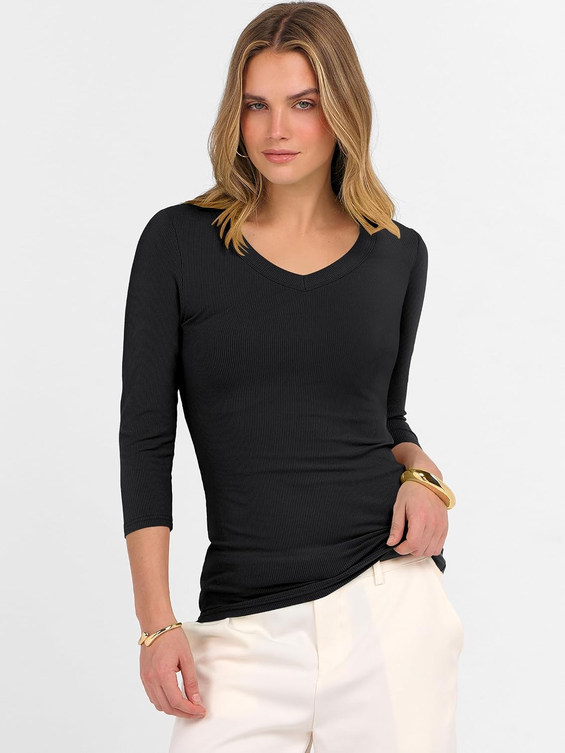 Thumbnail 6 de ANRABESS Women's 3/4 Sleeve Ribbed Knit Top with V-Neck — Slim Fit, Soft Medium Stretch