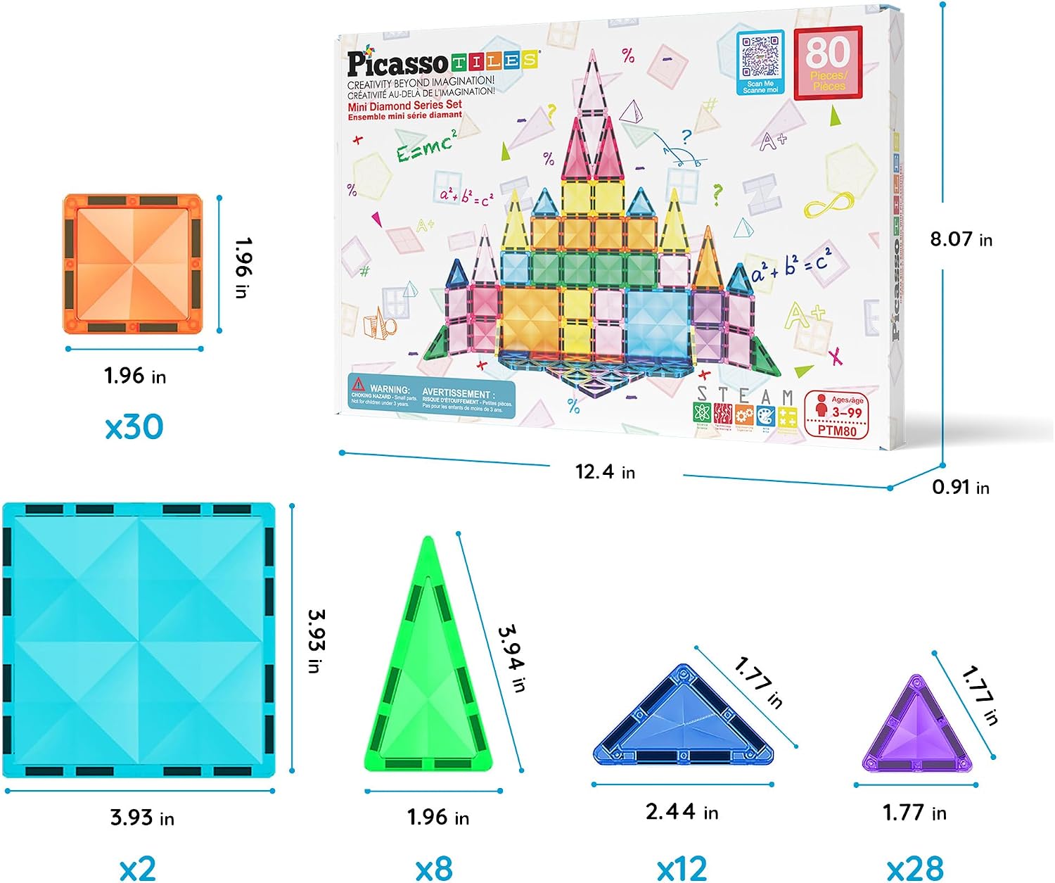 Detalle de PicassoTiles PTM80 – 80 mini płytek magnetycznych do kreatywnego budowania