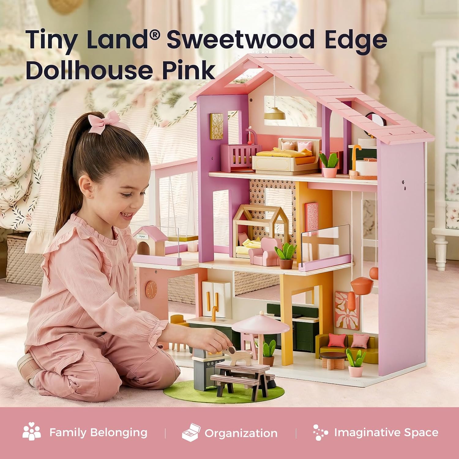 Detalle de Tiny Land Wooden Doll House: Modern Pink 7-Room Family Home with 49 Accessories