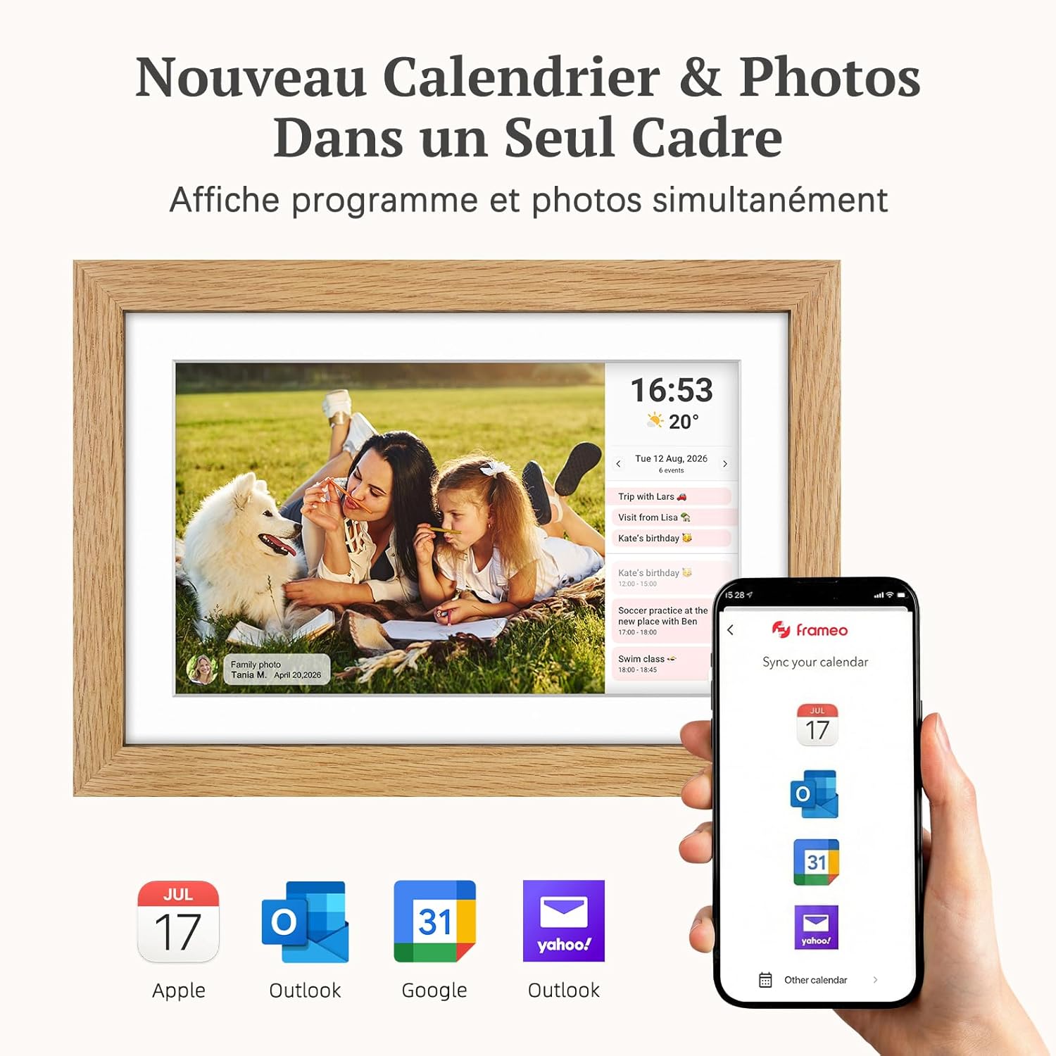Thumbnail 4 de Cadre photo numérique WiFi en bois de chêne 10,1 pouces — stockage 32 Go, écran tactile IPS et app Frameo