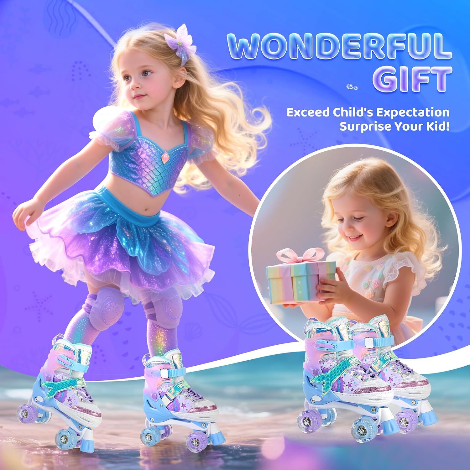 Detalle de NEMONE Mermaid 4 Size Adjustable Light Up Roller Skates for Girls
