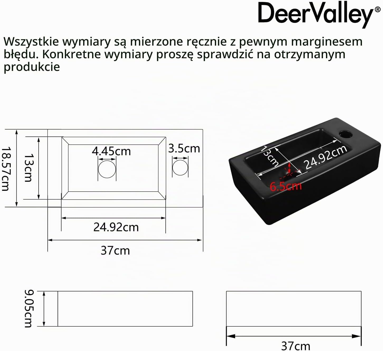 Detalle de DeerValley DV-1V0091R – czarna umywalka ceramiczna, ścienna, prawy otwór na baterię