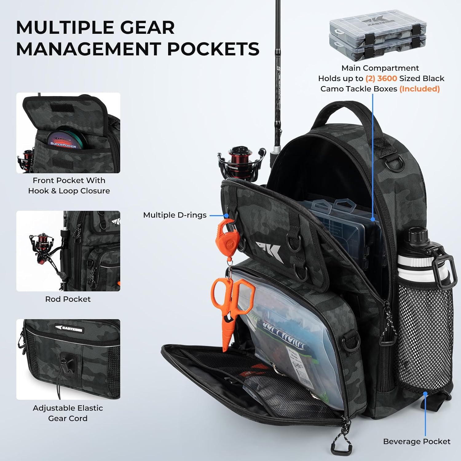 Detalle de KastKing BaitSpace Fishing Sling Bag: Versatile Tackle Sling with Rod & Beverage Holder