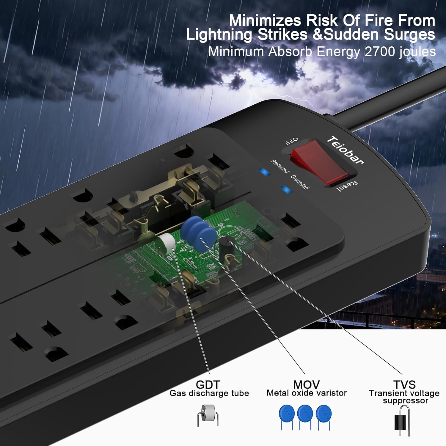Thumbnail 4 de Teiobar 6 Ft Extension Cord Power Strip with Surge Protection, 12 AC Outlets, and 4 USB Ports (2700 Joules)