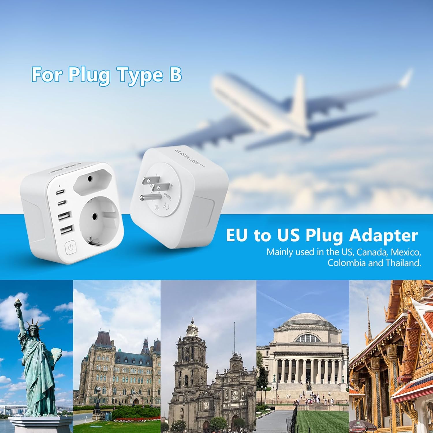Thumbnail 1 de JSVER adaptateur voyage 6 en 1 pour États-Unis/Canada avec 2 USB-A et 2 USB-C (blanc)