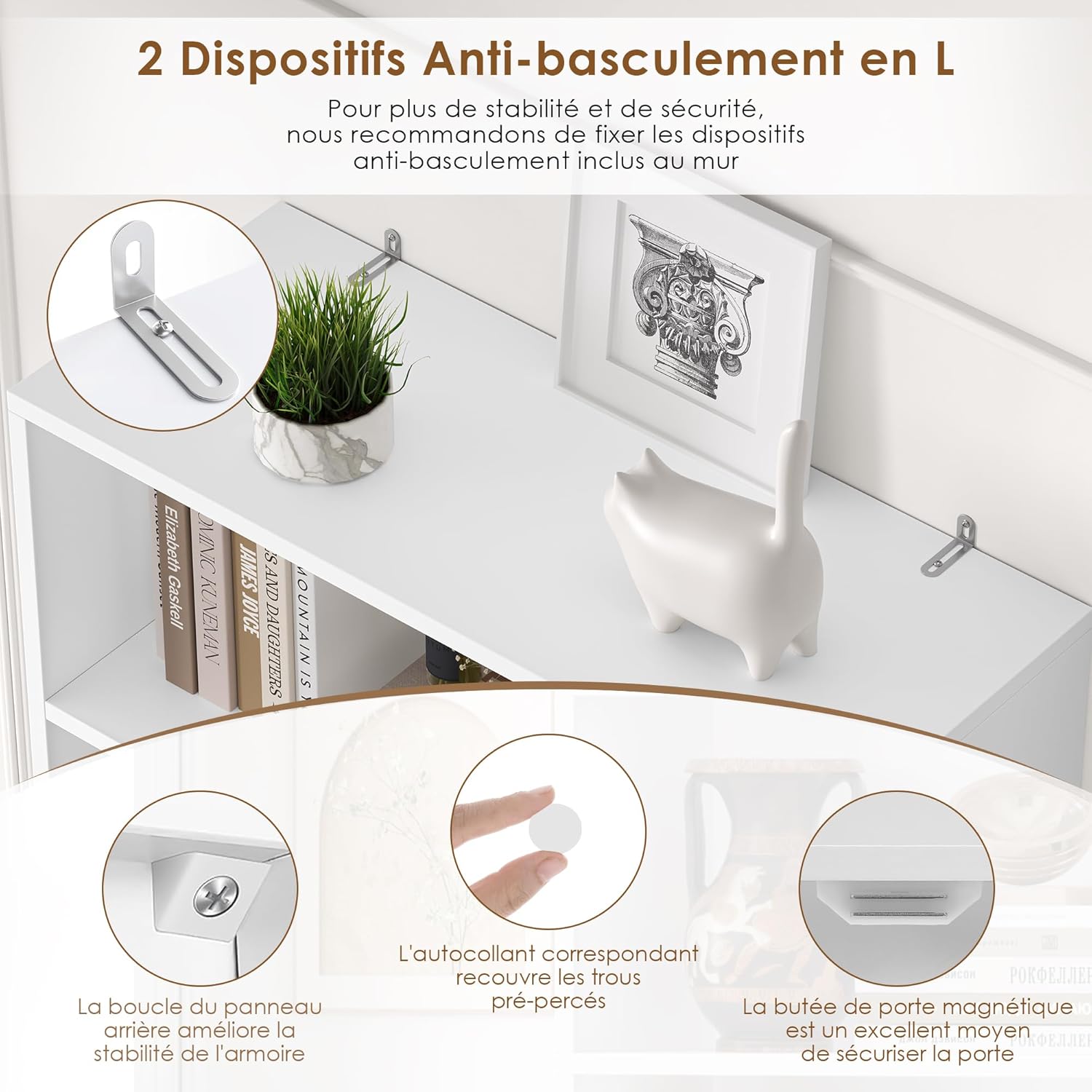 Thumbnail 5 de FirFurd Bibliothèque 209 cm blanche avec 2 portes et 8 étagères réglables