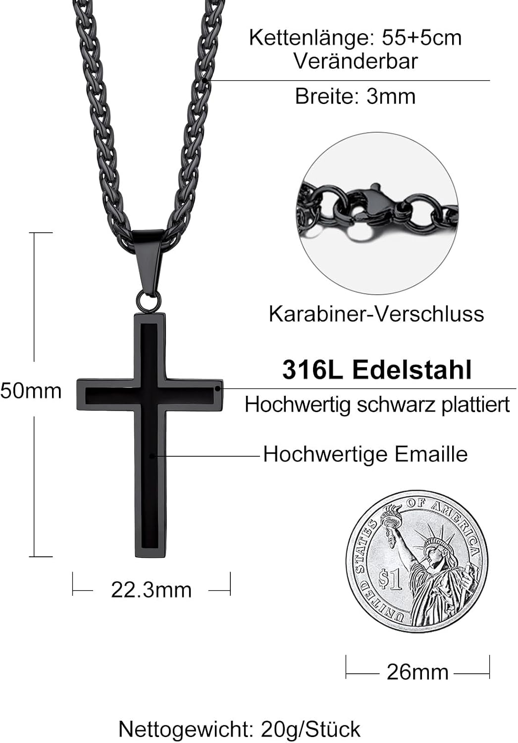 Detalle 2 de Richsteel Kreuz-Kette für Herren – verstellbare Halskette mit Kreuzanhänger, Edelstahl in Silber/Gold/Schwarz