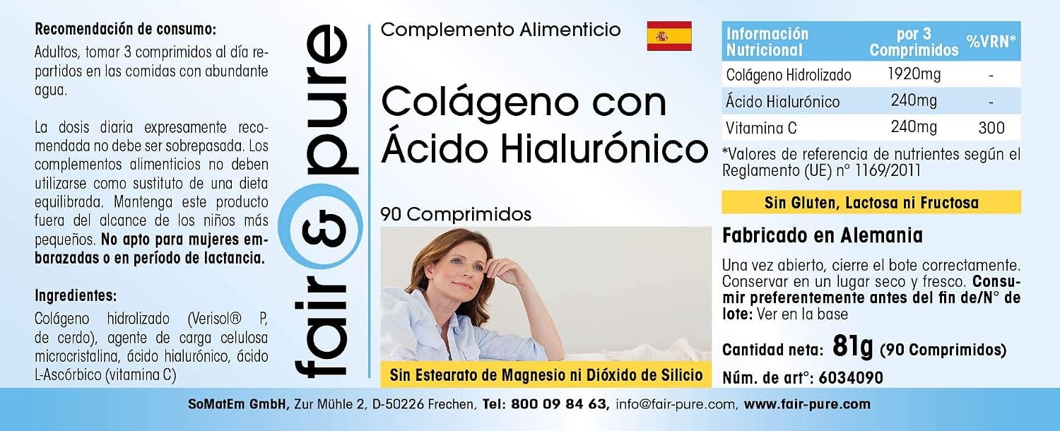 Detalle de Fair & Pure Collagen 640 mg mit Hyaluronsäure und Vitamin C – 90 Tabletten, deutsche Herstellung