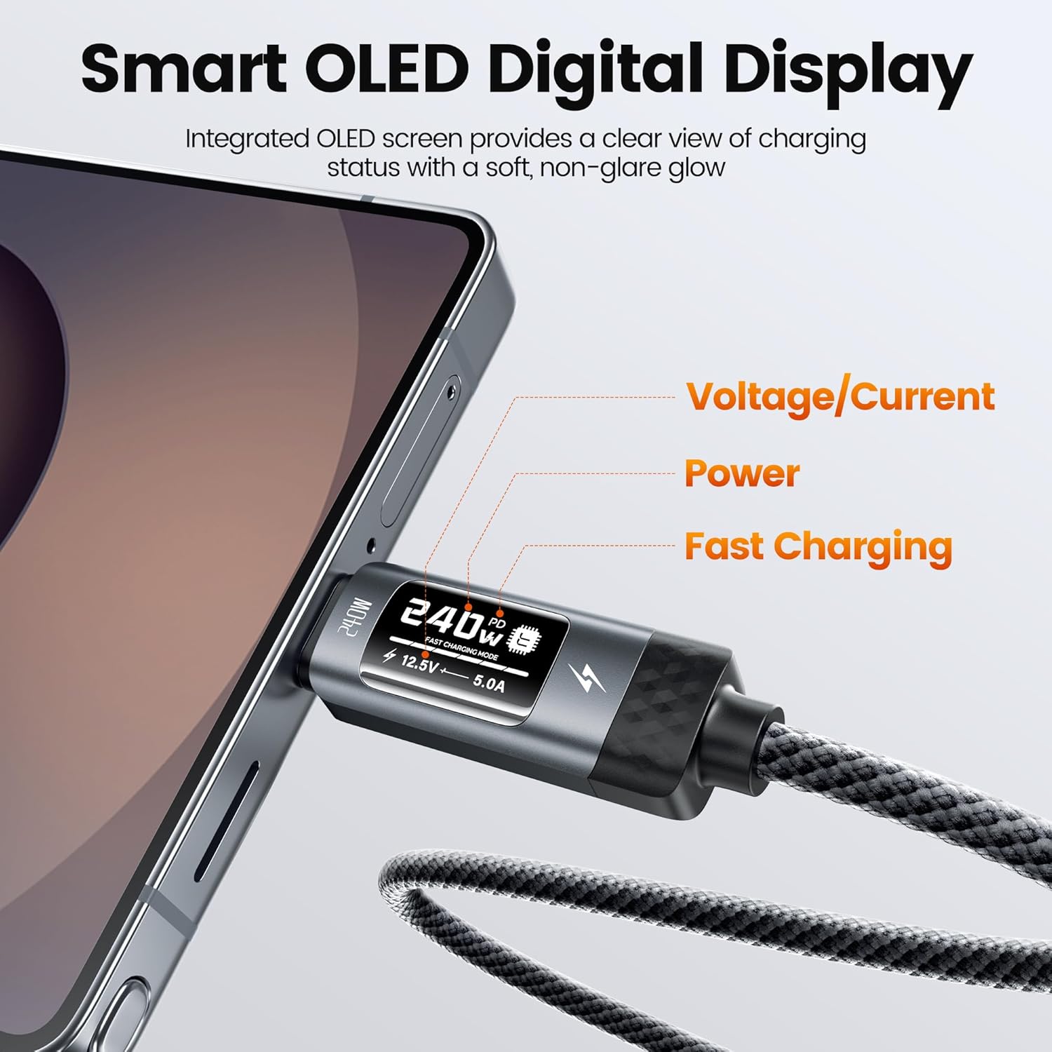 Detalle de toocki 240W USB‑C auf USB‑C Kabel mit OLED Display – 2 m, PD3.1/QC3.1, Nylon (Vielseitiges Schnellladekabel)