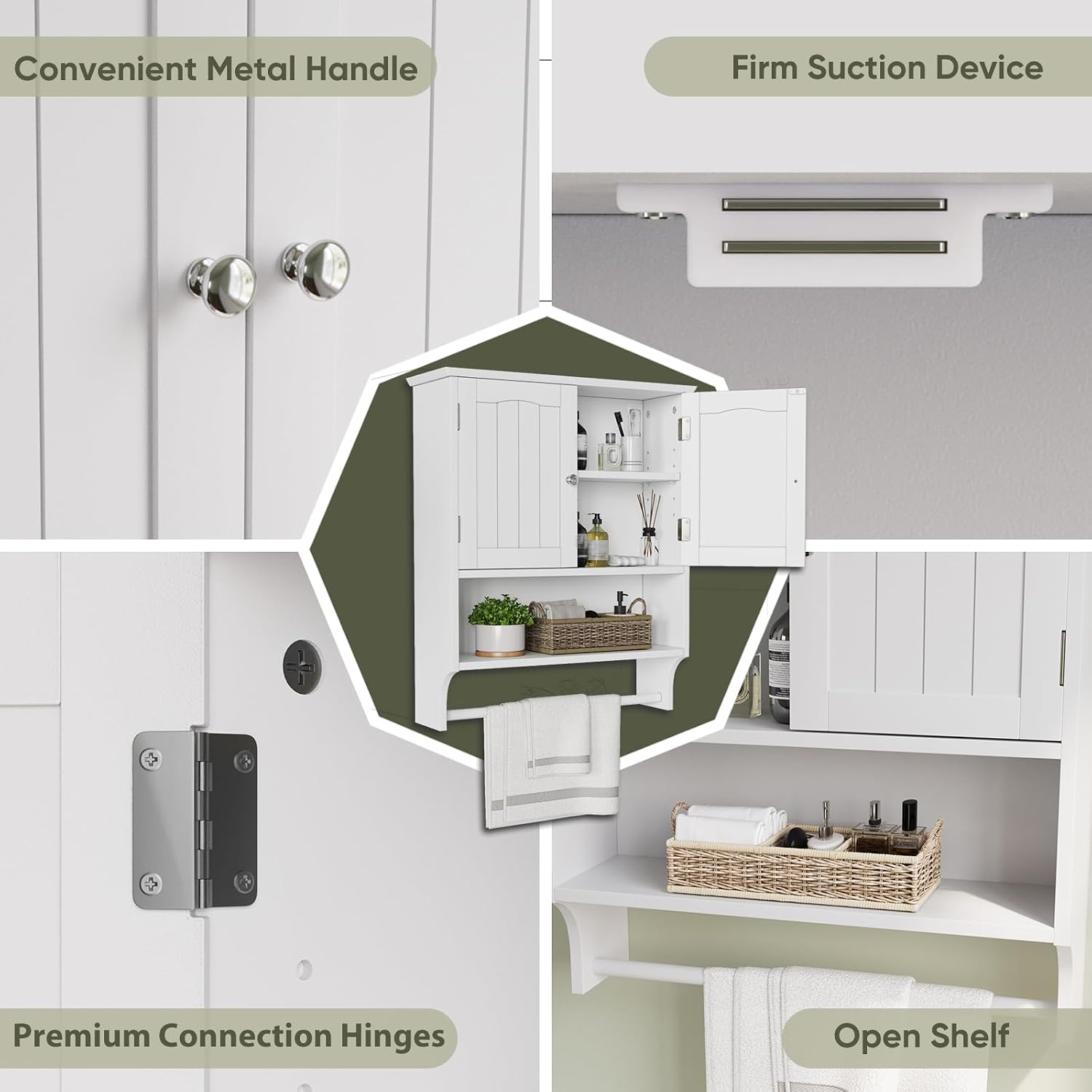 Detalle 1 de Smuxee bathroom wall cabinet with towel bar, adjustable shelves and 2 doors