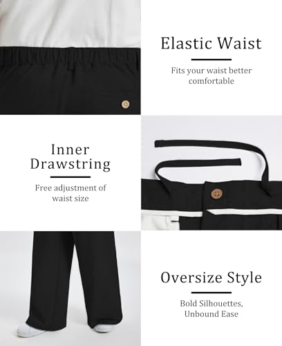 Detalle de FEDTOSING Mens Wide Leg Baggy Trousers: Pleated Loose Fit Linen-Style Trousers in Black