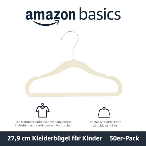 Detalle de Amazon Basics Kleiderbügel aus Samt, 50er-Pack, 29 cm – rutschfest für Babys und Kleinkinder