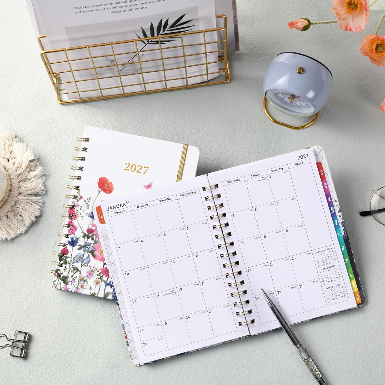 Detalle de Planrage 2027 Planner, Weekly and Monthly Hardcover with Floral Cover and Colorful Tabs