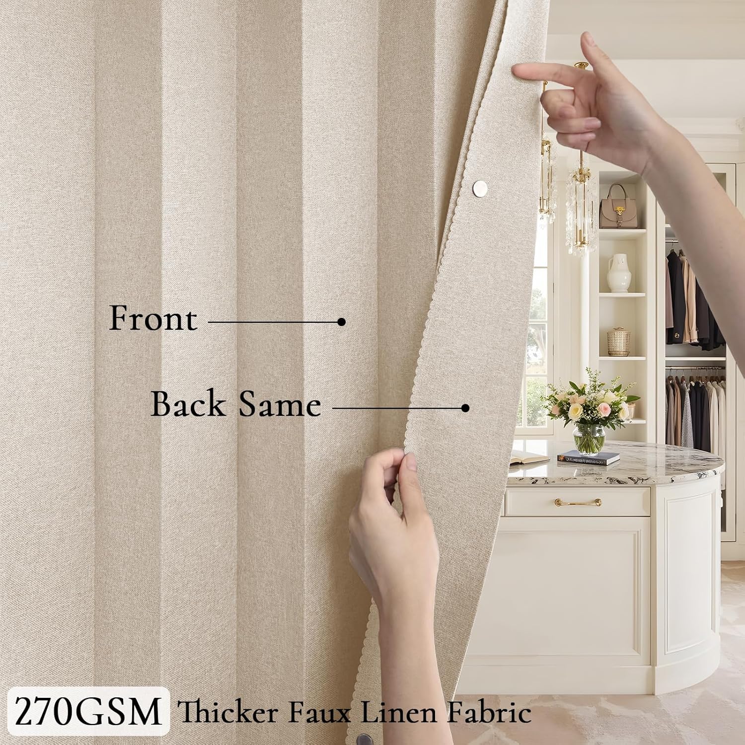 Detalle de HMYI 100% Blackout Faux Linen Doorway Curtain – 45x80, Accordion Style with Magnetic Buckles