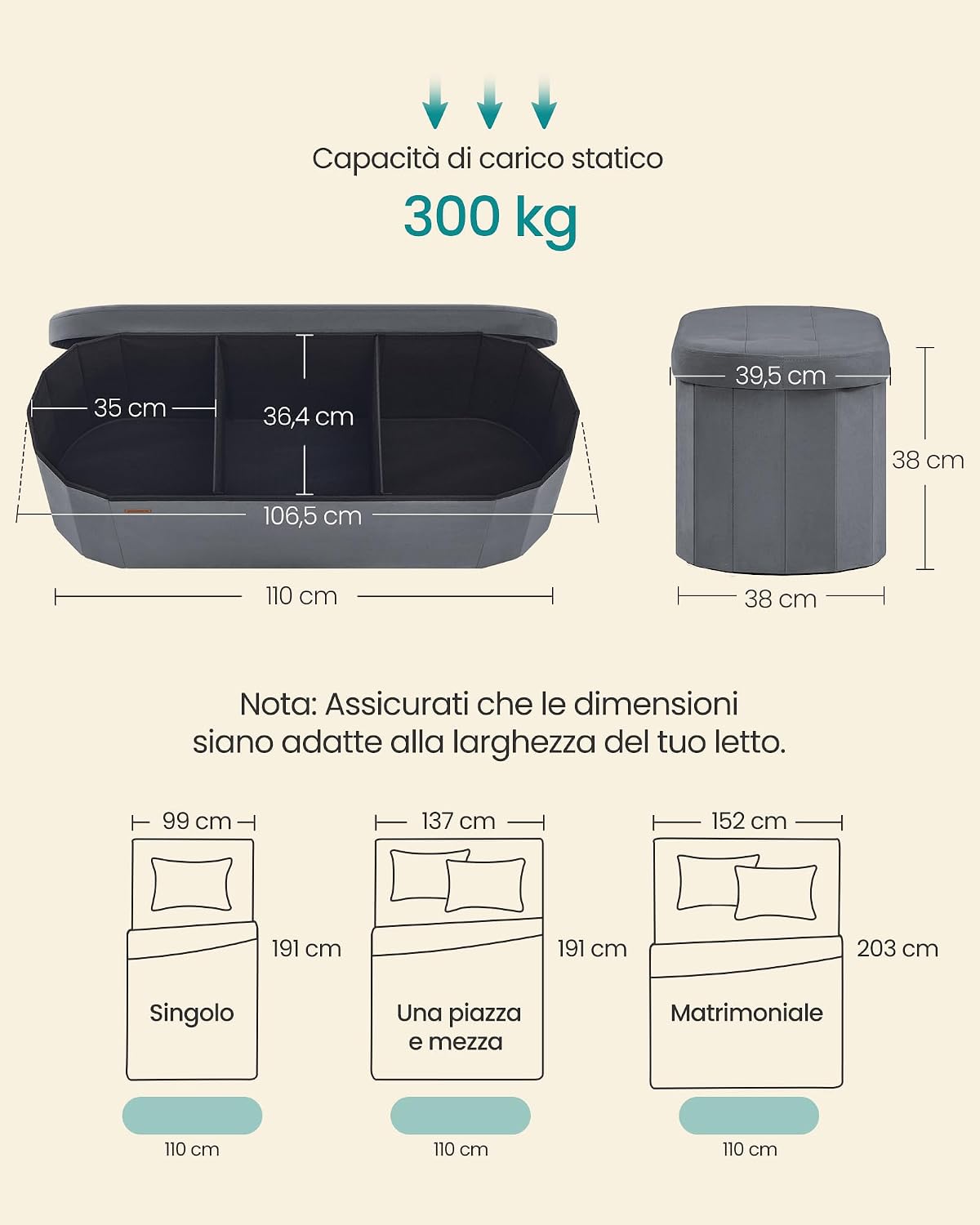 Thumbnail 2 de Songmics Cassapanca 110 L in velluto grigio