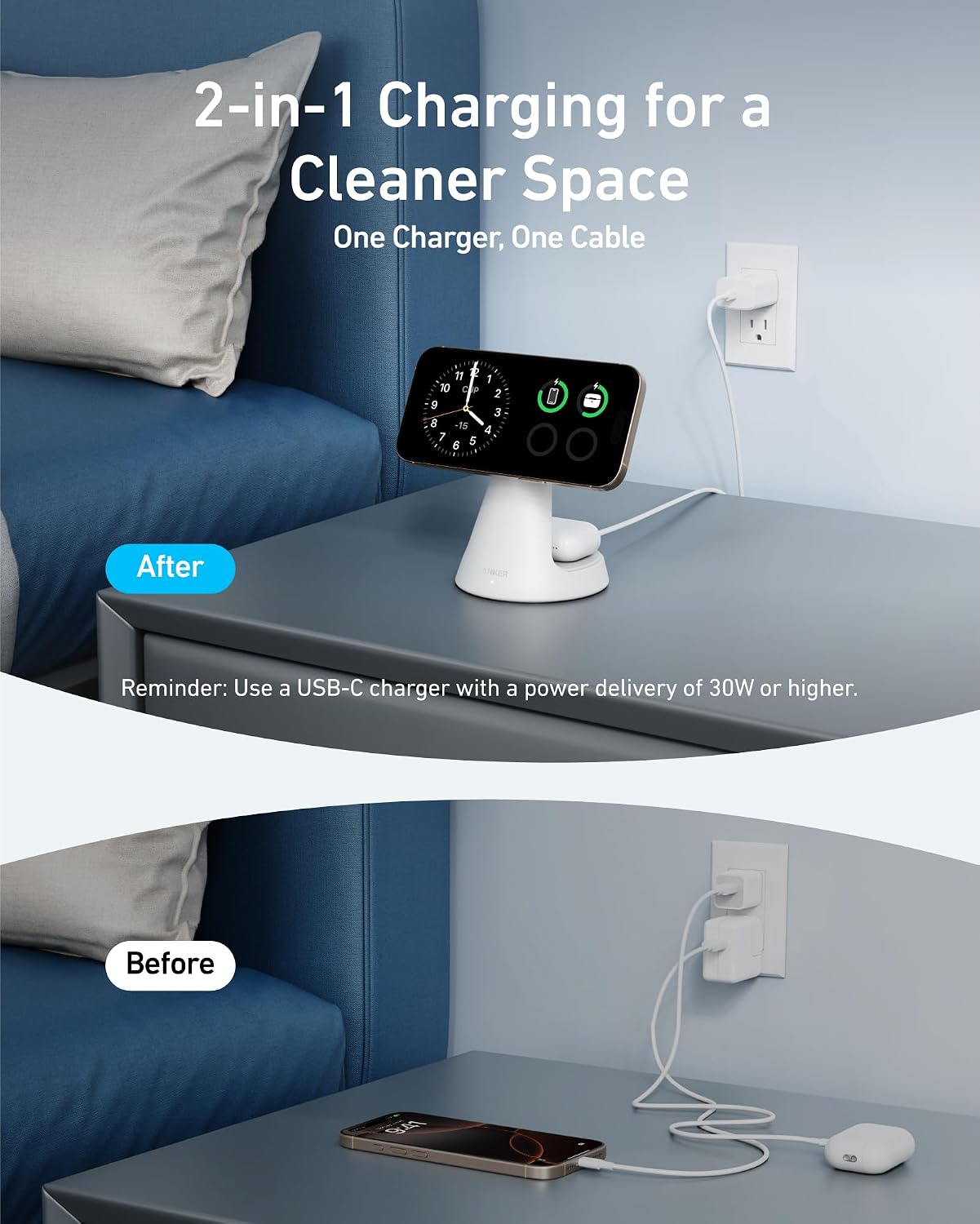 Detalle de Anker MagSafe Compatible 2-in-1 Charging Stand for iPhone 16 Wireless Charger (Qi2 Certified 15W)