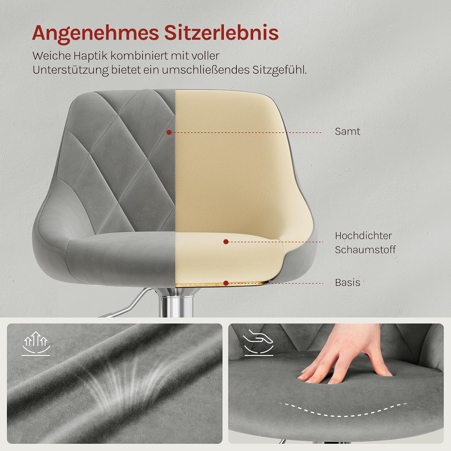 Detalle de WOLTU Barhocker 2er-Set BH138hgr-2, höhenverstellbar und 360° drehbar mit Lehne
