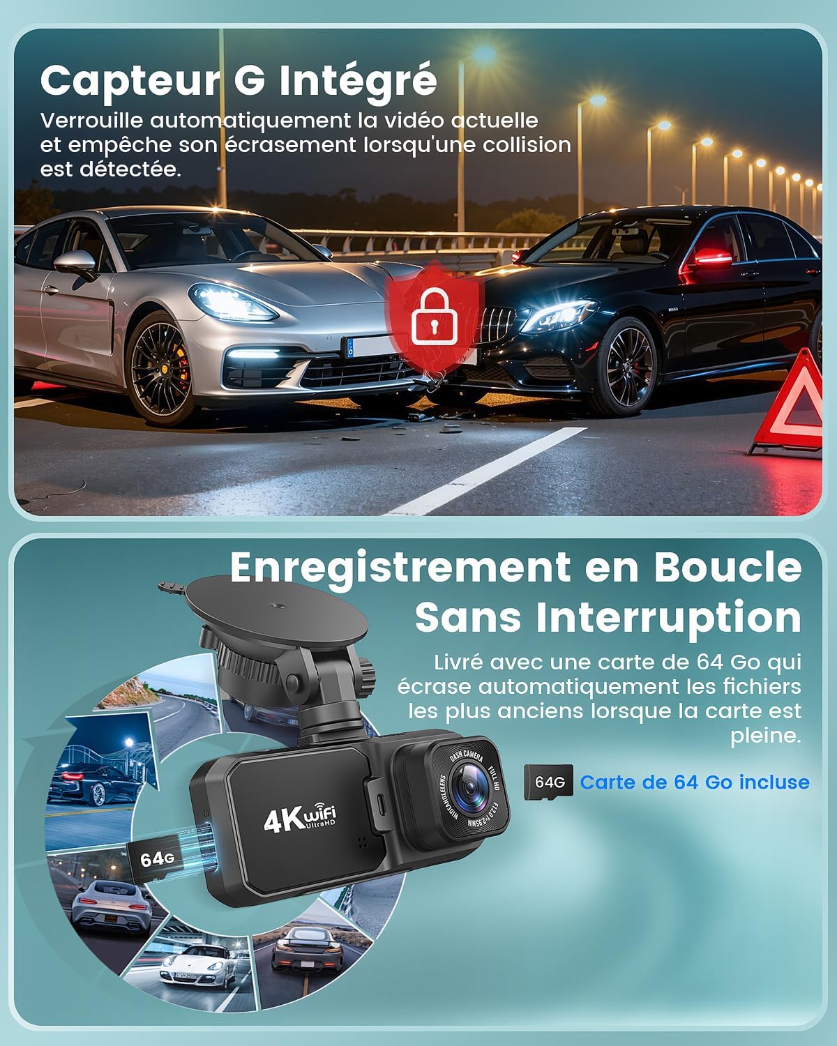 Thumbnail 6 de Rmana Dashcam voiture avant/arrière 4K+1080P double caméra avec WiFi et écran IPS 3,18