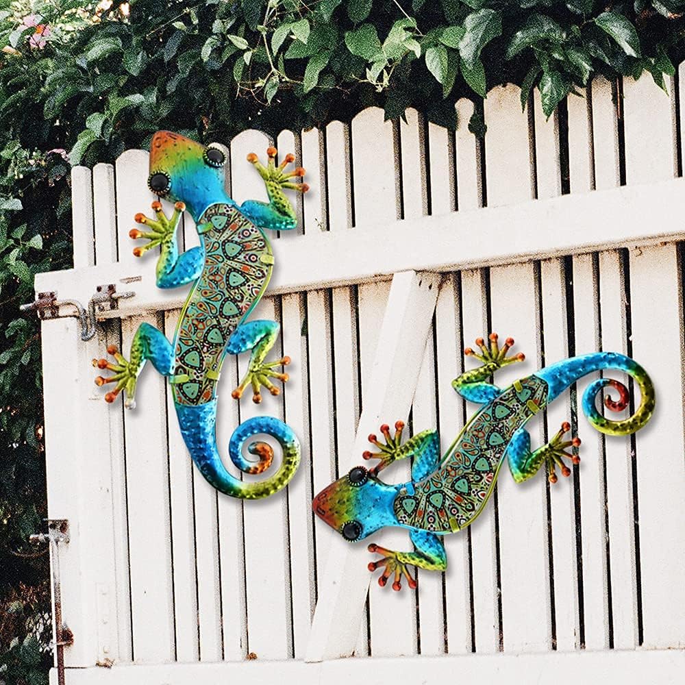 Detalle de HONGLAND Metall-Gecko-Wanddekoration „Symphonie“ – Wandbild aus Metall & Glas, 2er-Set für innen & außen