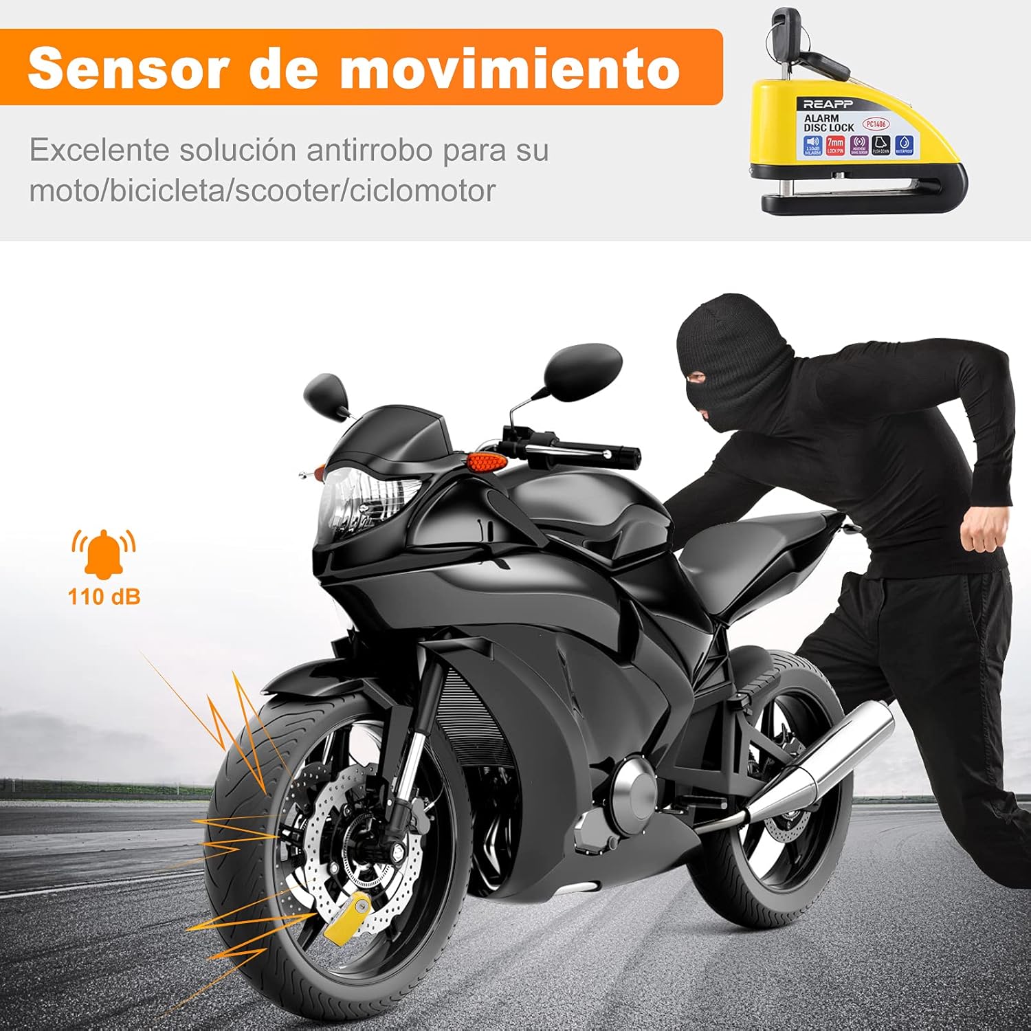 Thumbnail 1 de REAPP Candado Moto Disco con Alarma 110dB