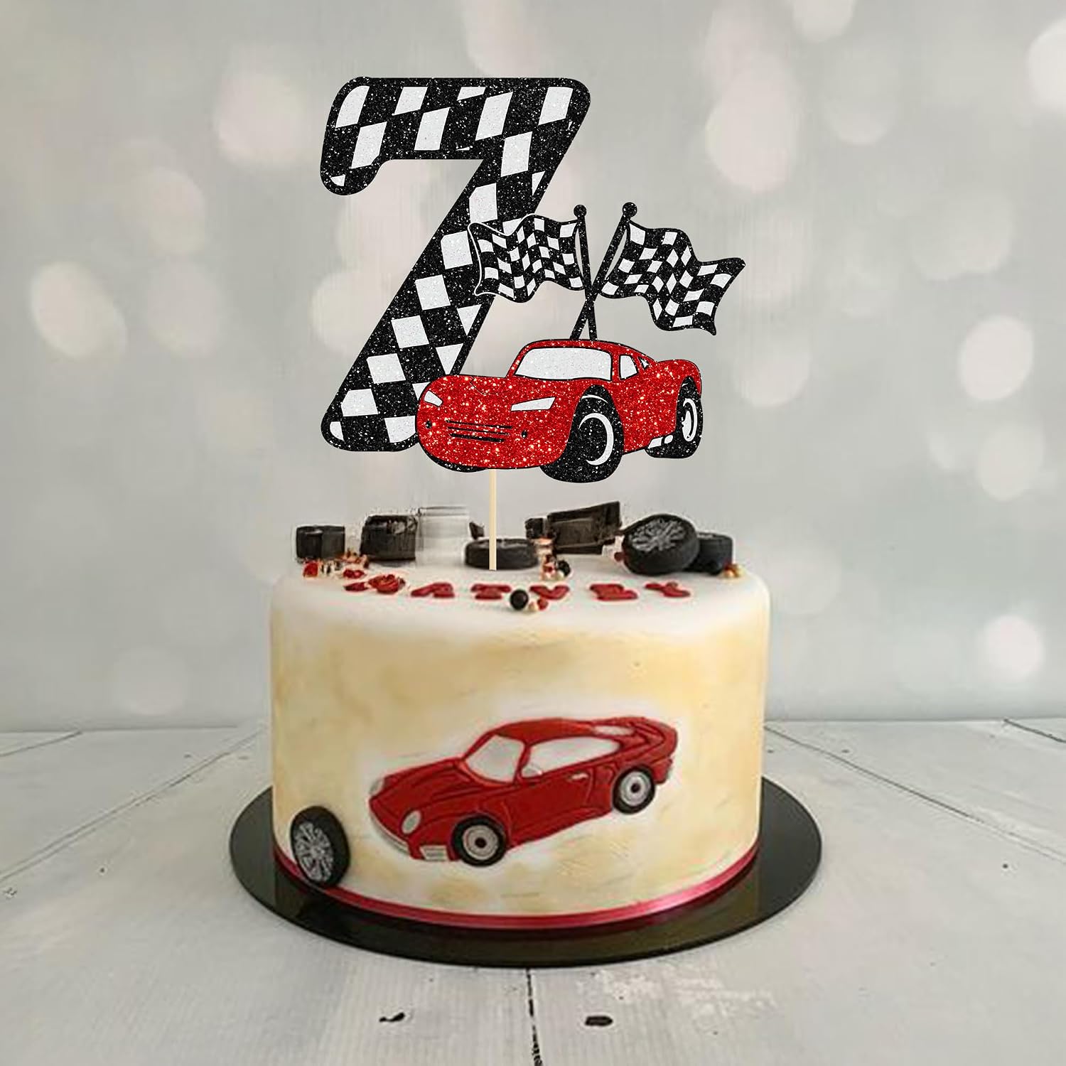 Detalle de Gyufise 7th レースカーケーキトッパー グリッター・チェッカーフラッグテーマ