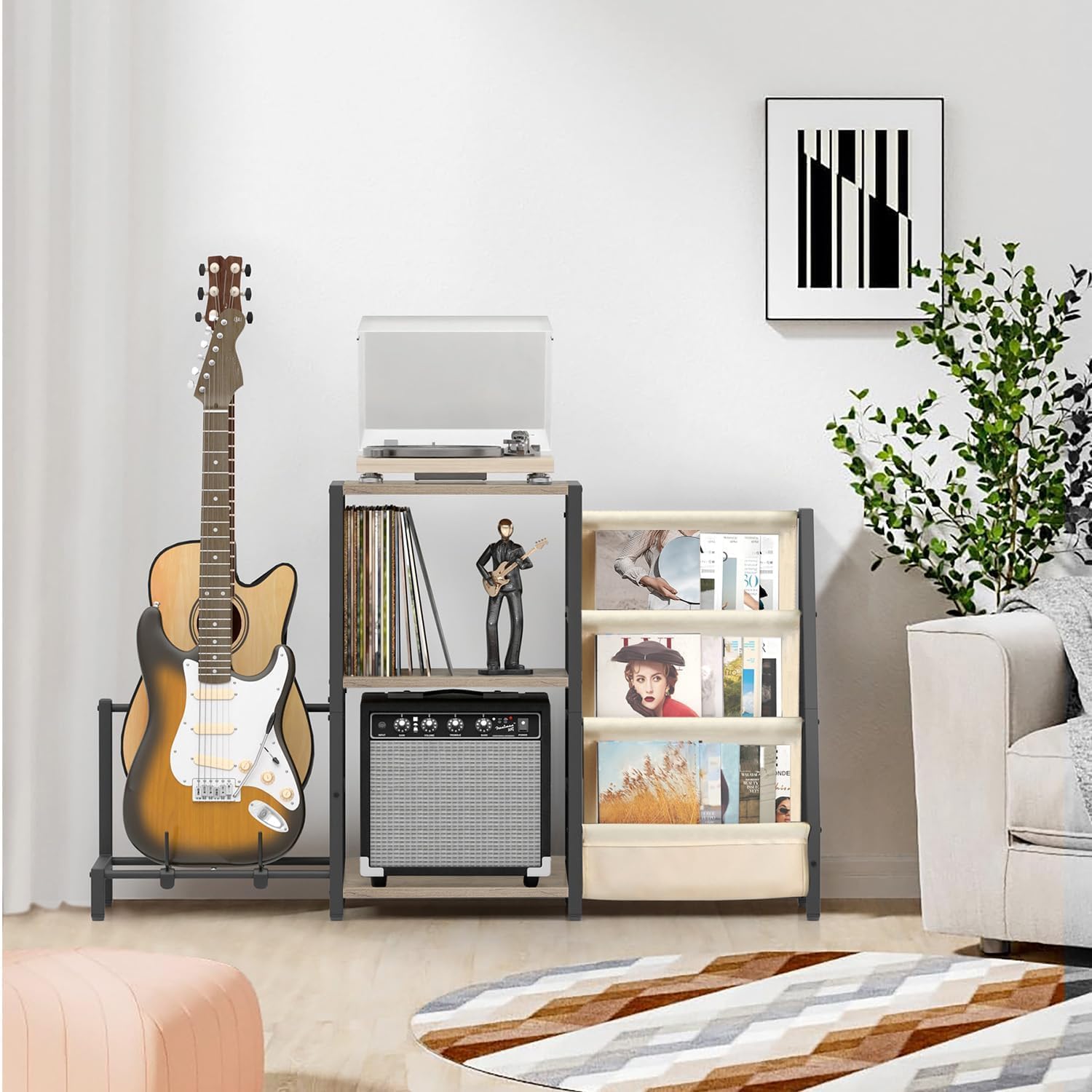 Thumbnail 6 de Bikoney Record Player Stand with 3-Tier Vinyl Storage and Guitar Stand – White