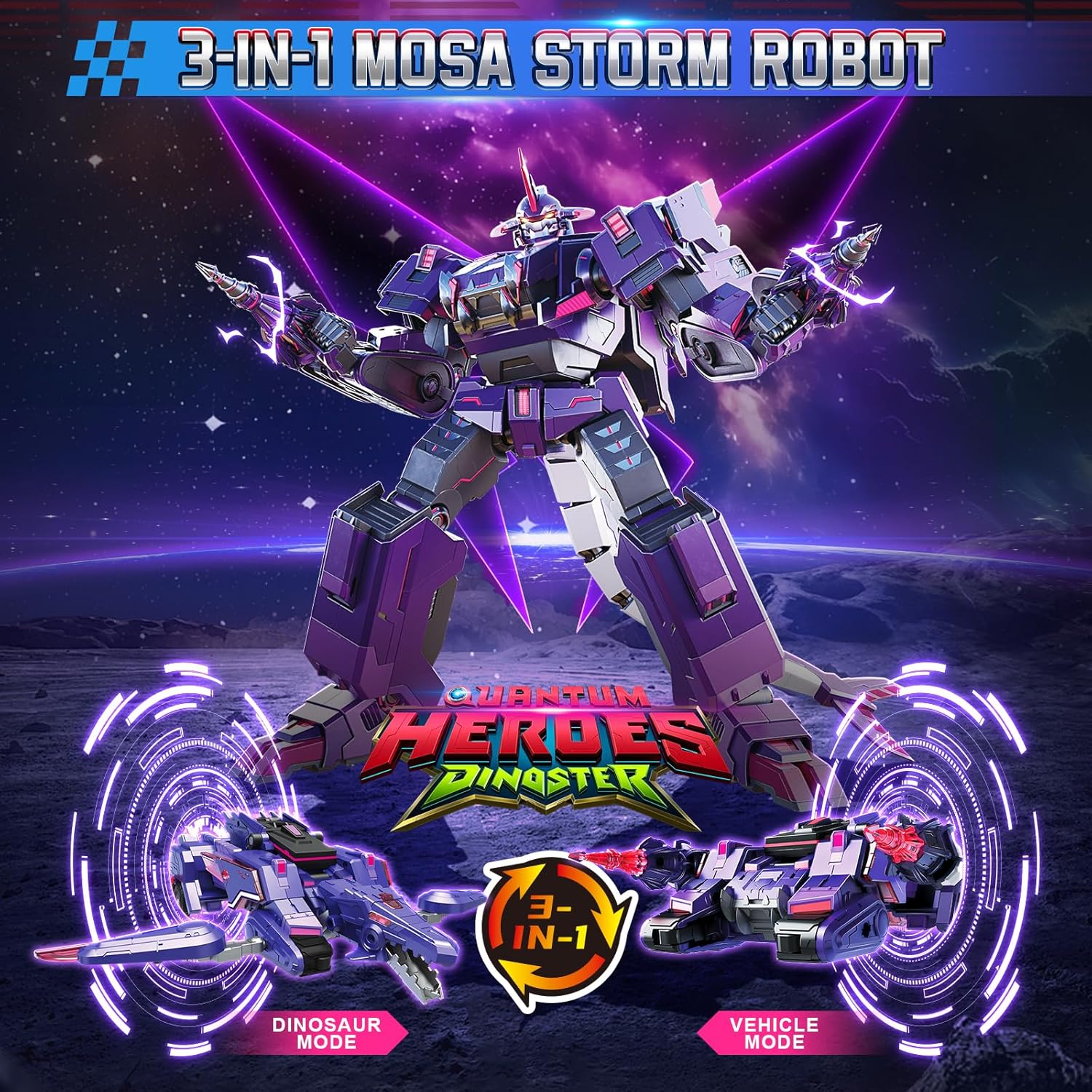 Thumbnail 1 de Quantum Heroes Dinoster Mosa Storm EU580816 3-in-1 Transforming Robot, Purple