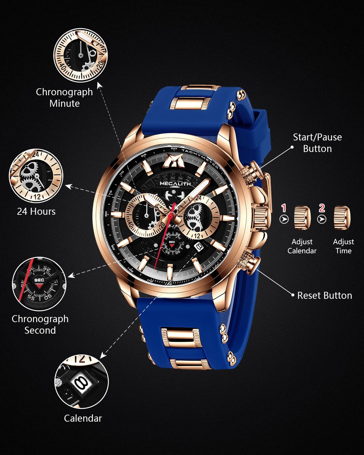Thumbnail 6 de MEGALITH Herren Chronograph Uhr mit blauem Skelett-Zifferblatt – Quarz, 3ATM, Datum, Leuchtzeiger