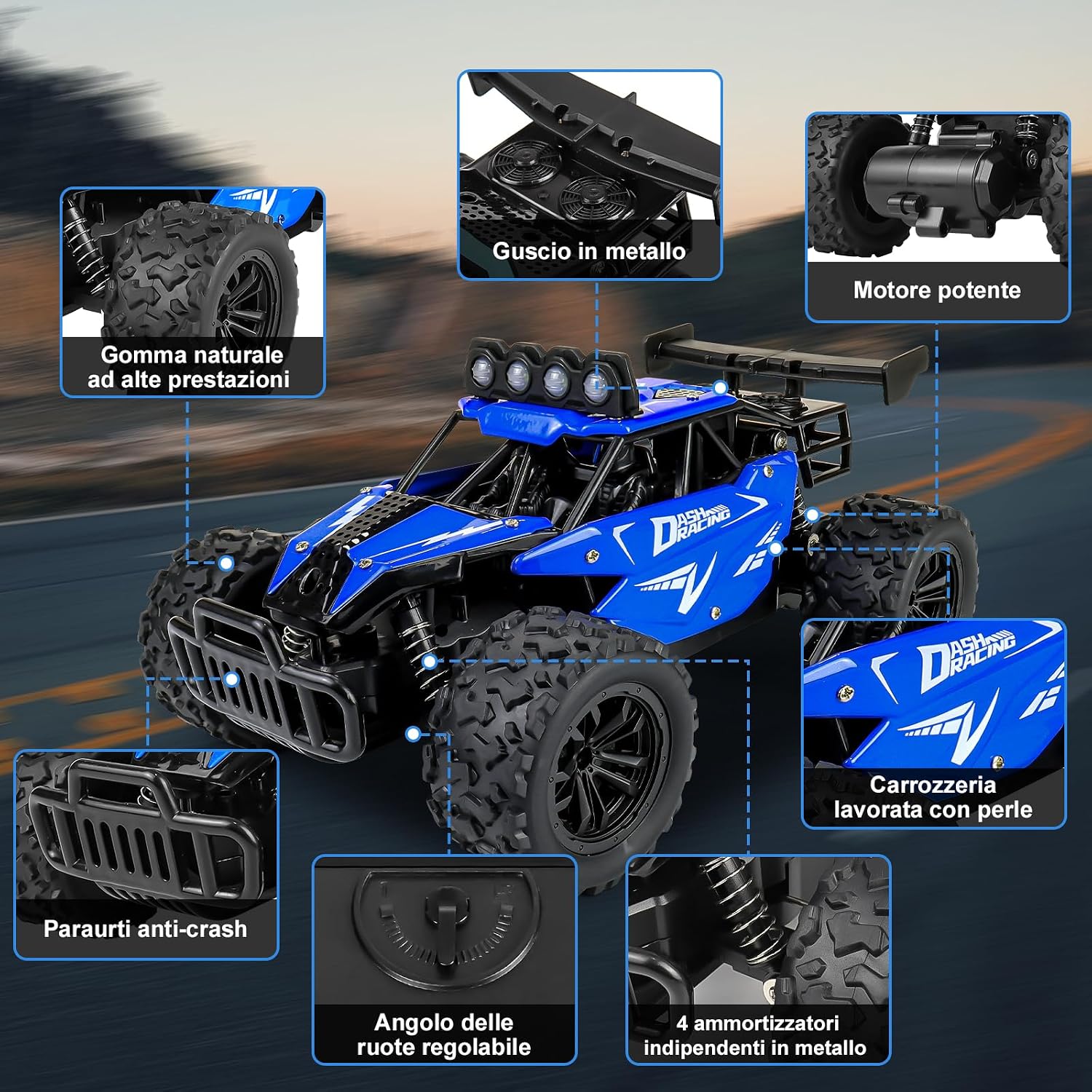 Detalle de Joellfuner Monster Truck radiocomandato 2,4 GHz 1:16 con luci LED a quattro colori (blu)