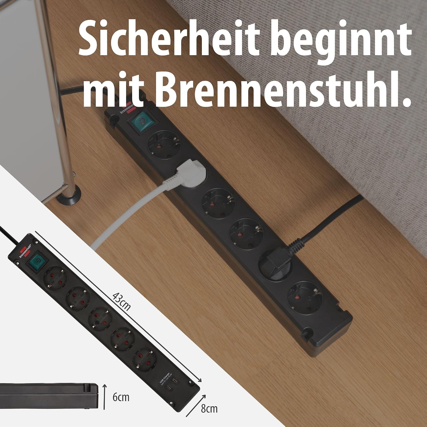Detalle de Brennenstuhl Bremounta 6-Fach-Steckdosenleiste mit Schalter – sichere Wandmontage