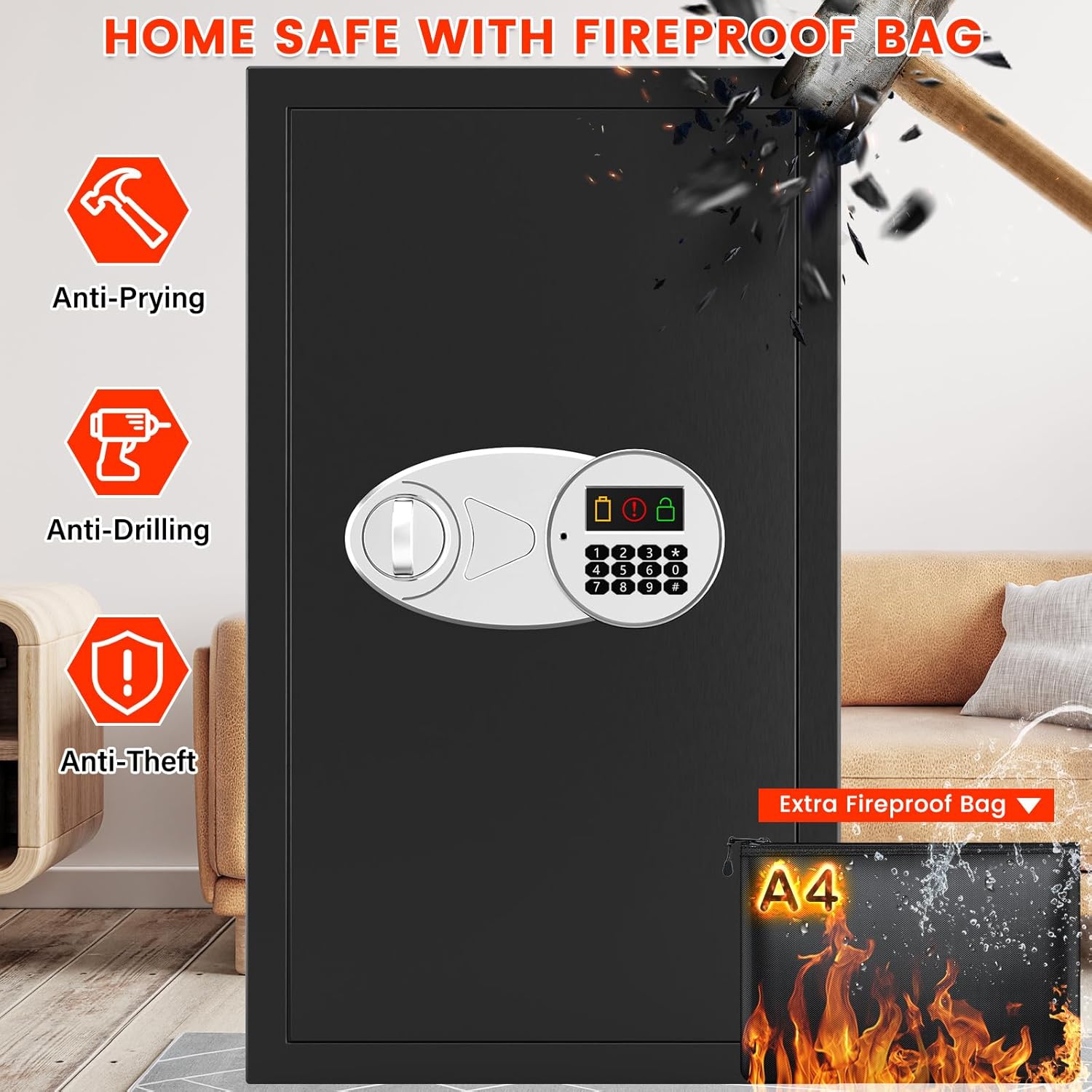 Thumbnail 1 de 85L großer feuerfester Möbeltresor für Zuhause mit digitaler Tastatur & Dokumententasche