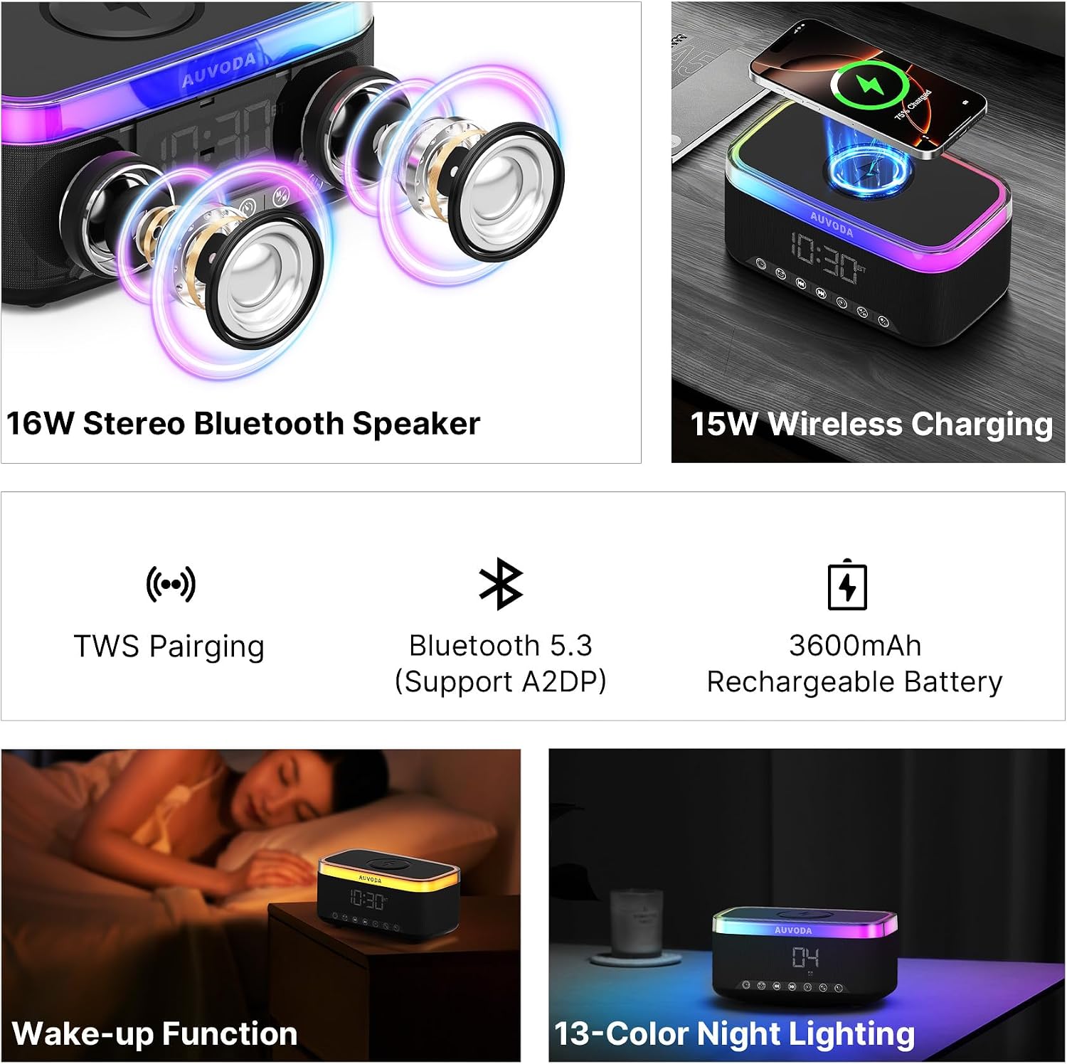 Thumbnail 1 de Auvoda S300 Bluetooth Speaker with Wireless Charging & LED Lights – 16 W Stereo