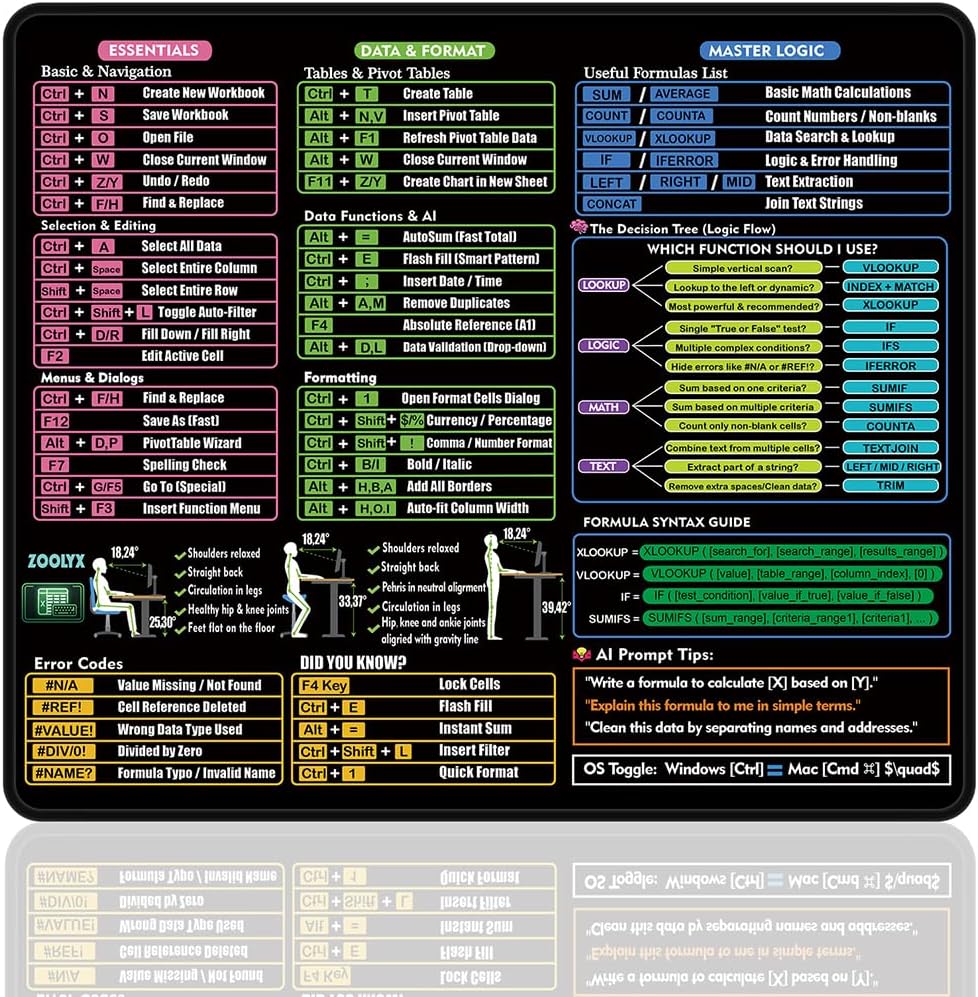 Thumbnail 6 de Zoolyx Excel Cheat Sheet Desk Mat (80x30cm) with Shortcuts, XLOOKUP Guide and AI Prompt Tips