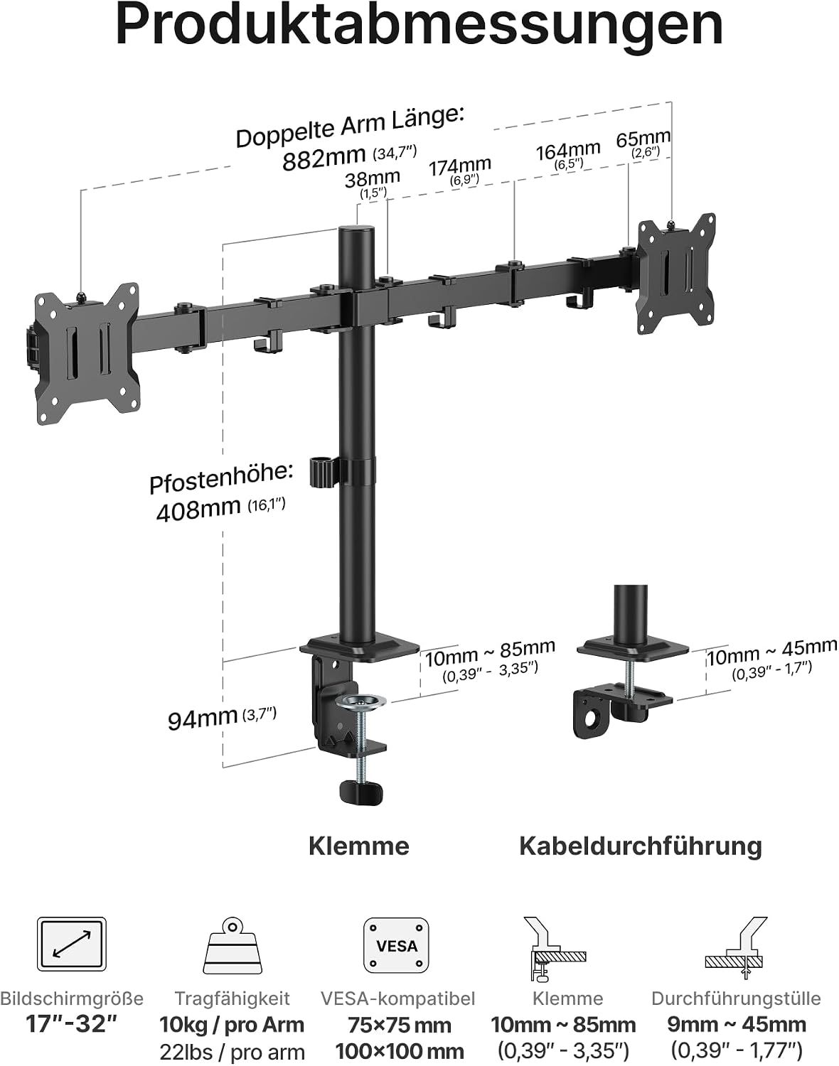 Thumbnail 6 de monTEK Monitor-Halterung 2 Monitore für 17–32 Zoll – höhenverstellbarer Dual-Arm mit VESA 75×75/100×100