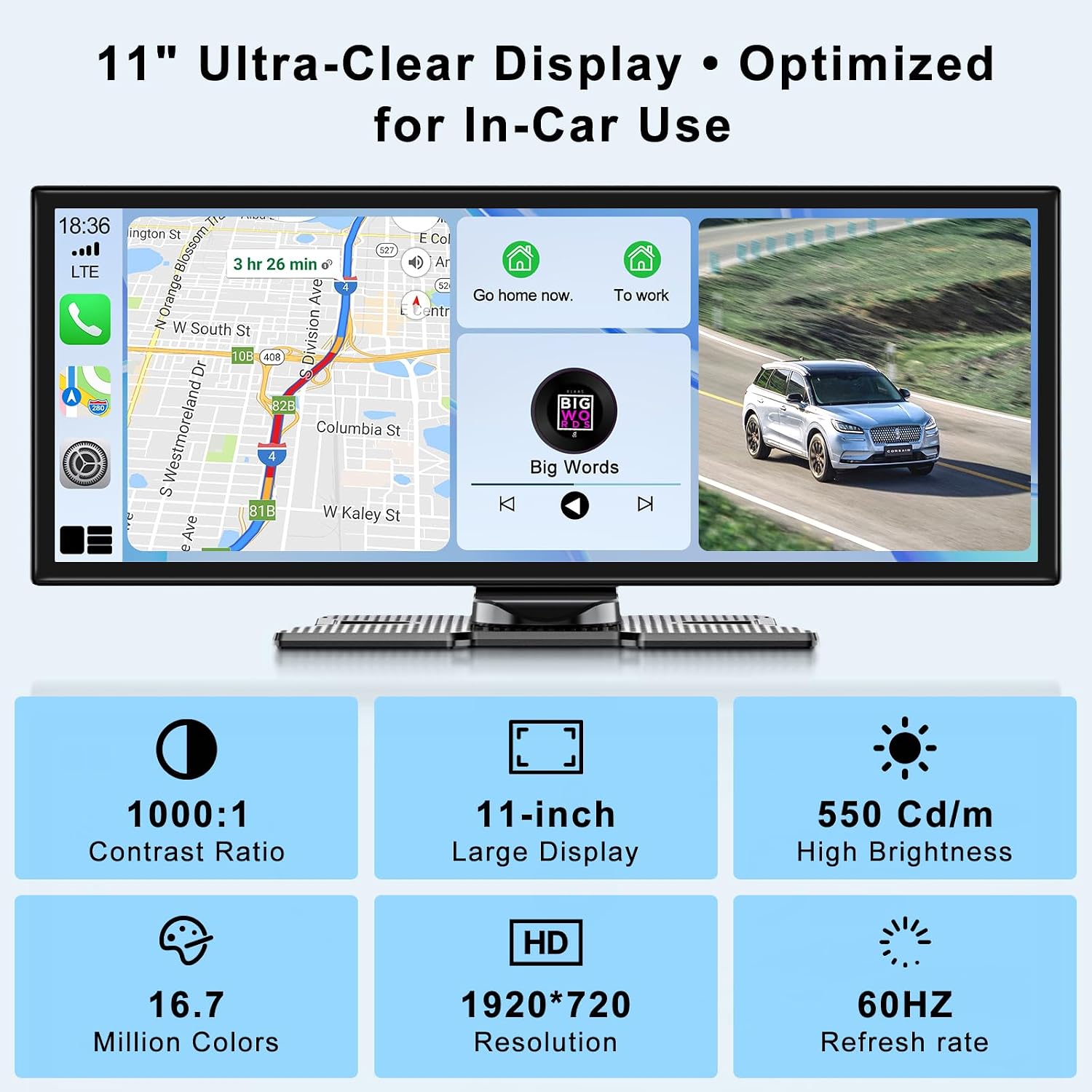Detalle de 11-inch Car Play Screen with Dash Cam Front & Rear: Wireless CarPlay/Android Auto, 2.5K Front + 1080P Rear Recording