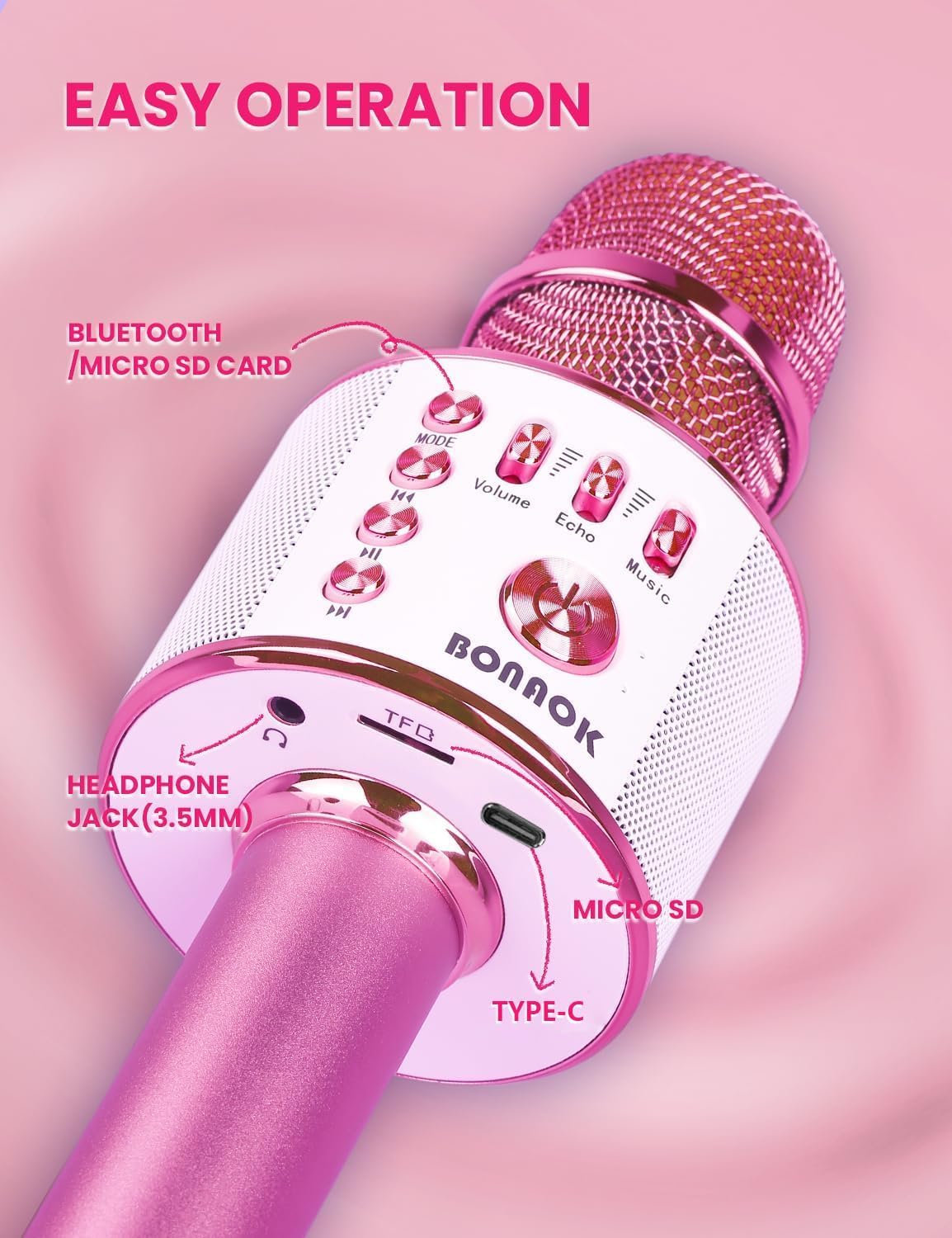 Detalle de BONAOK Karaoke-Mikrofon 3-in-1: kabelloses Bluetooth-Mikrofon mit Lautsprecher (Hellrosa)