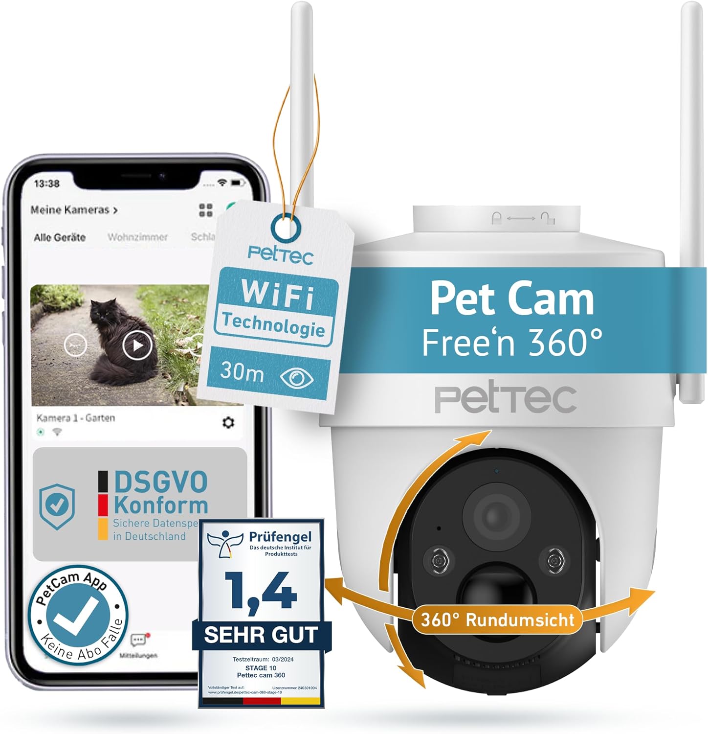 Detalle de PetTec Pet Cam Free'n 360 Überwachungskamera – Outdoor 3MP mit Akku, Pan&Tilt, Flutlicht und Sirene